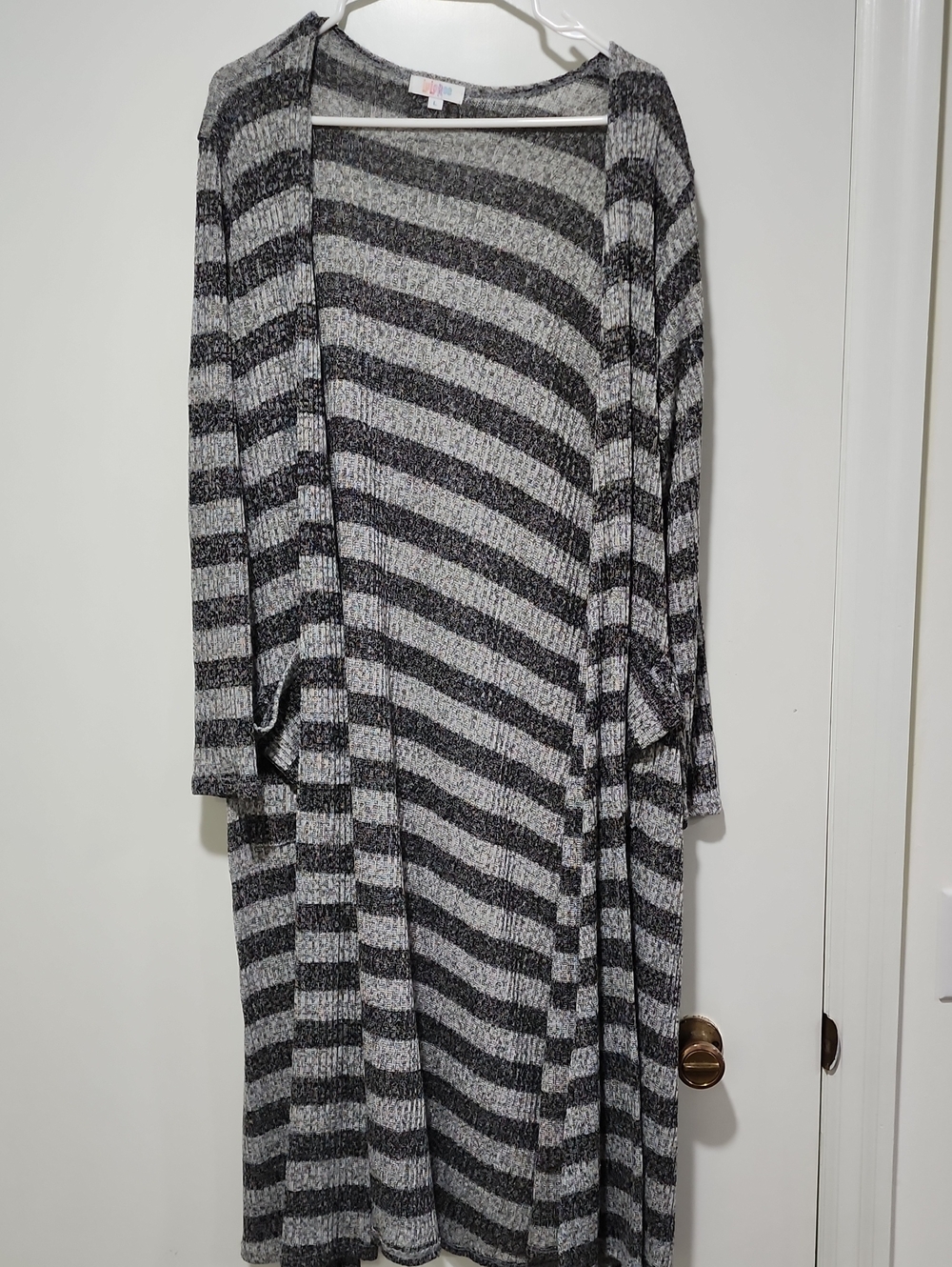 LuLaRoe Long Open-Front Striped Cardigan - Gray & Black